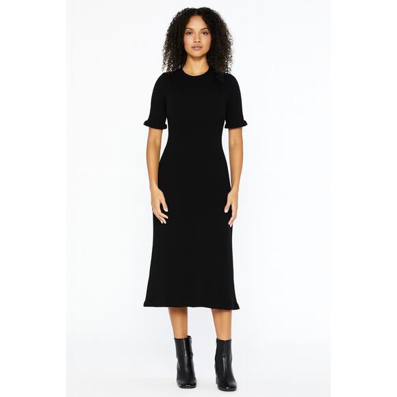 Club Monaco SZ L Mix Stitch Ribbed Crochet Ruffle Hem Midi Dress Black Knit - Picture 1 of 6